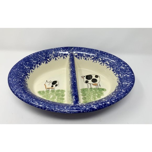 MOLLY DALLAS ROUND DIVIDED VEGETABLE BOWL ~ Pig Cow Blue Spatterware Farmhouse - Picture 1 of 10